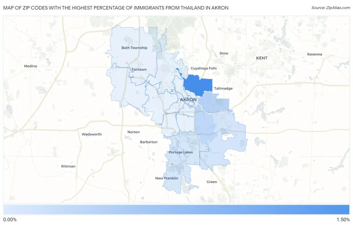 Zip Codes with the Highest Percentage of Immigrants from Thailand in Akron Map