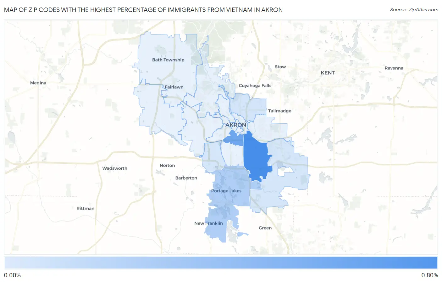 Zip Codes with the Highest Percentage of Immigrants from Vietnam in Akron Map