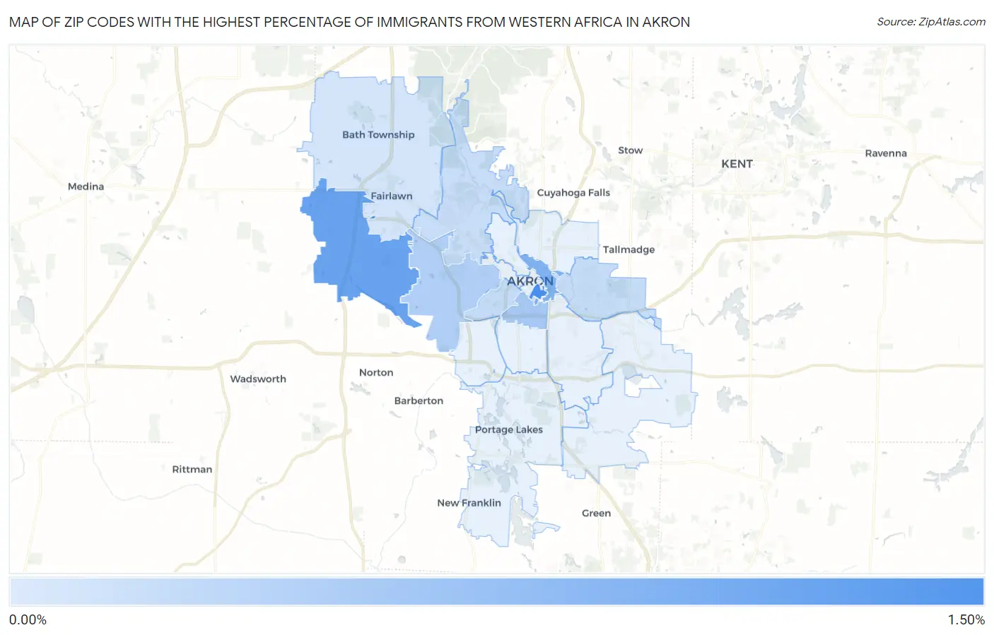 Zip Codes with the Highest Percentage of Immigrants from Western Africa in Akron Map