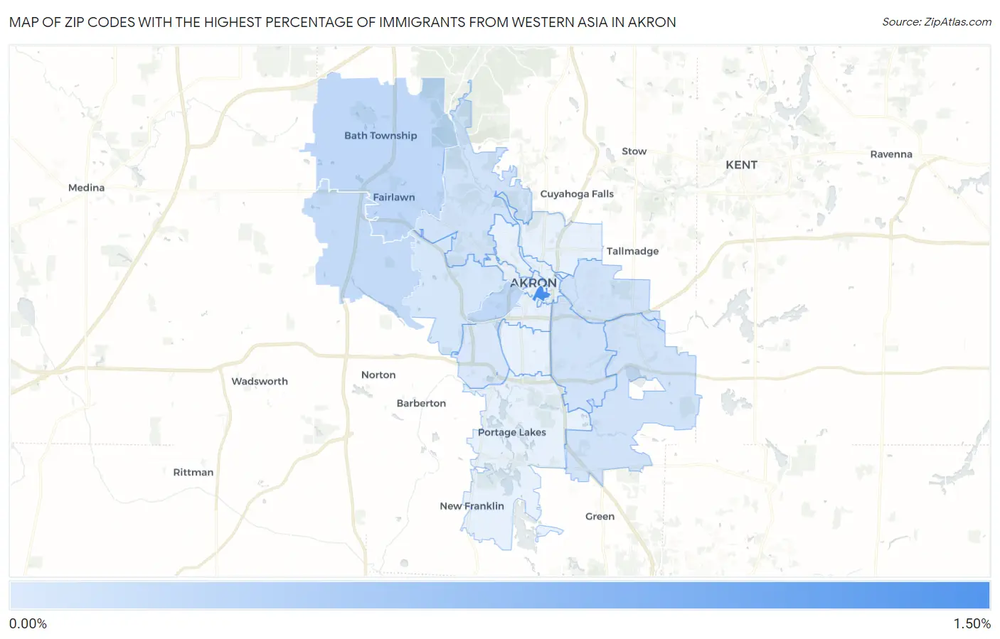 Zip Codes with the Highest Percentage of Immigrants from Western Asia in Akron Map