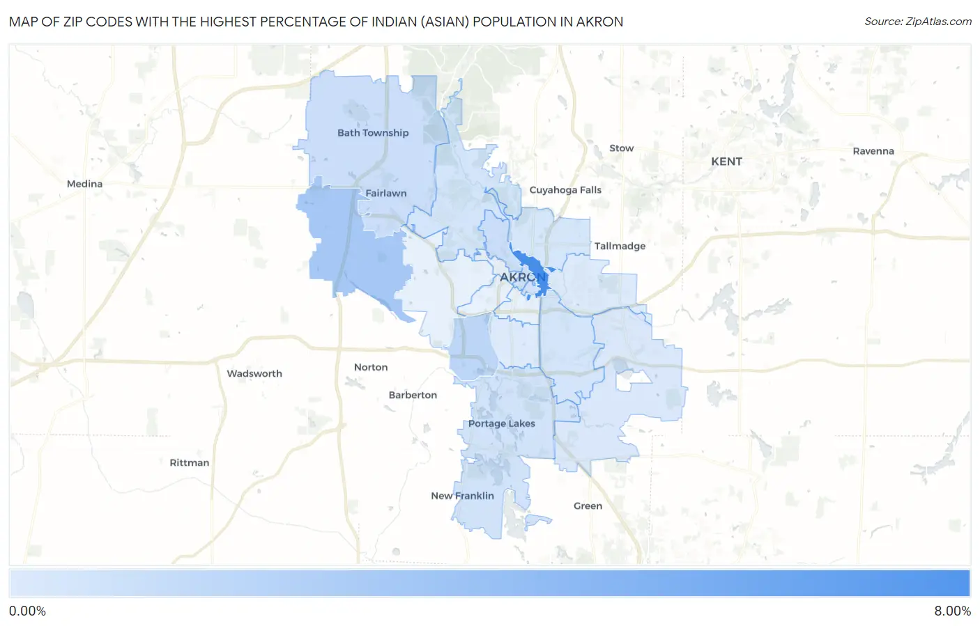 Zip Codes with the Highest Percentage of Indian (Asian) Population in Akron Map
