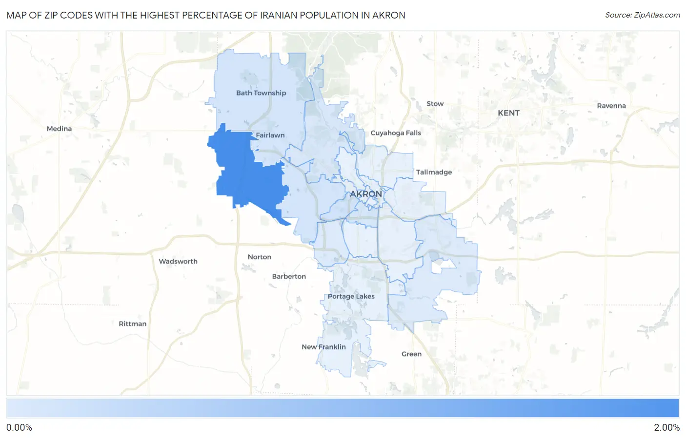Zip Codes with the Highest Percentage of Iranian Population in Akron Map