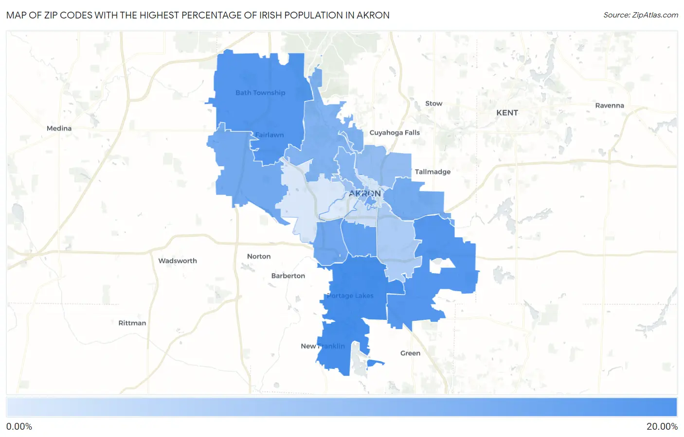 Zip Codes with the Highest Percentage of Irish Population in Akron Map