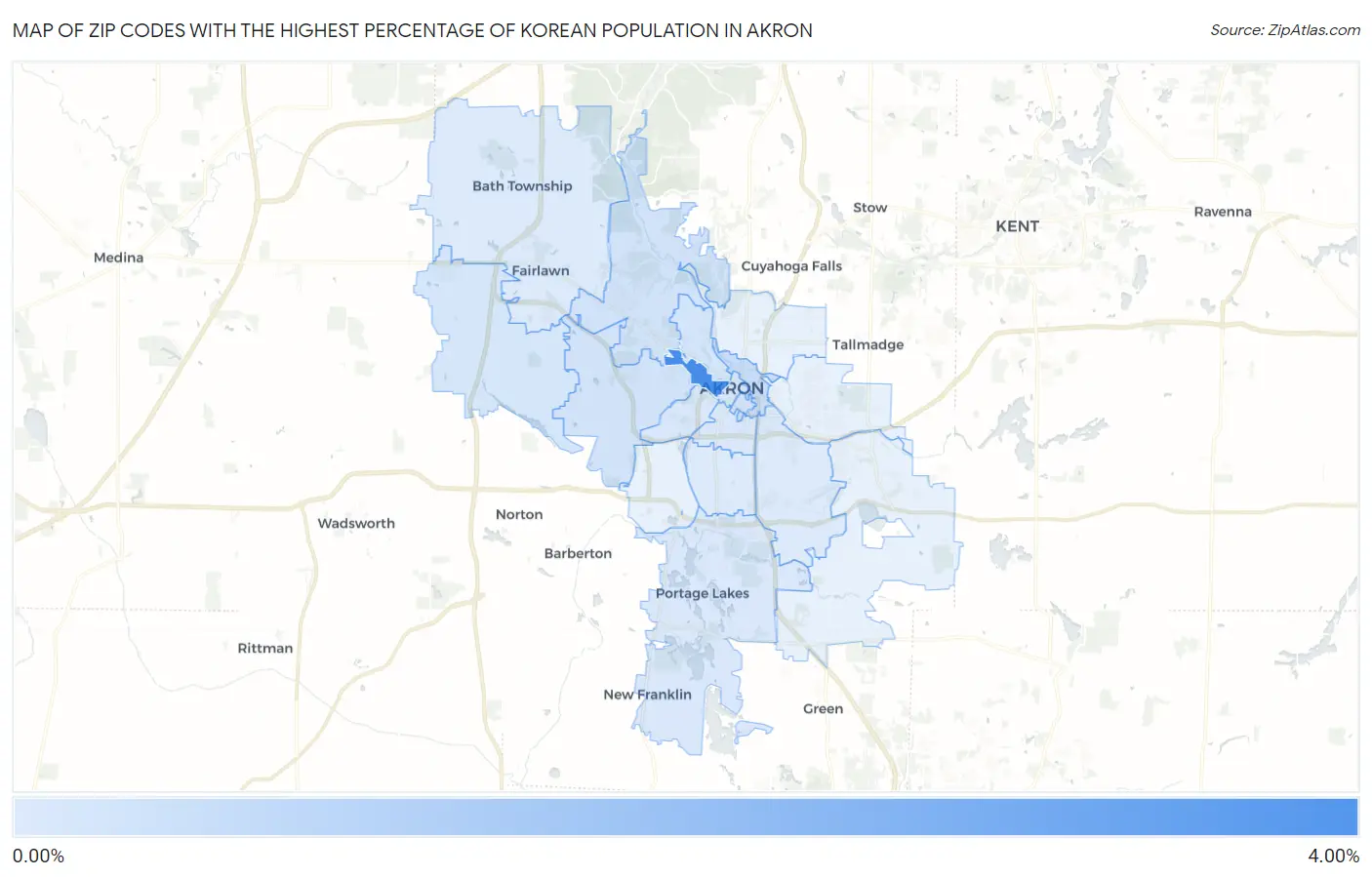 Zip Codes with the Highest Percentage of Korean Population in Akron Map