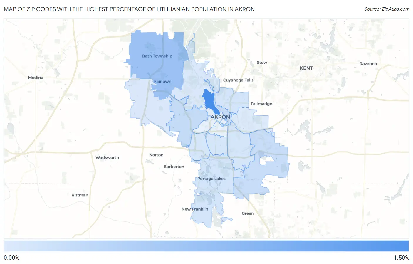 Zip Codes with the Highest Percentage of Lithuanian Population in Akron Map