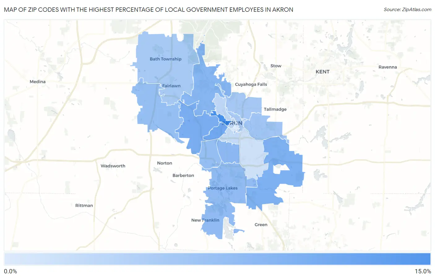 Zip Codes with the Highest Percentage of Local Government Employees in Akron Map