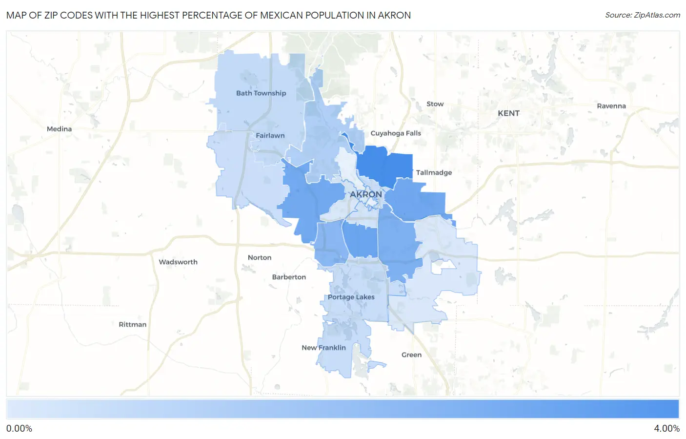 Zip Codes with the Highest Percentage of Mexican Population in Akron Map