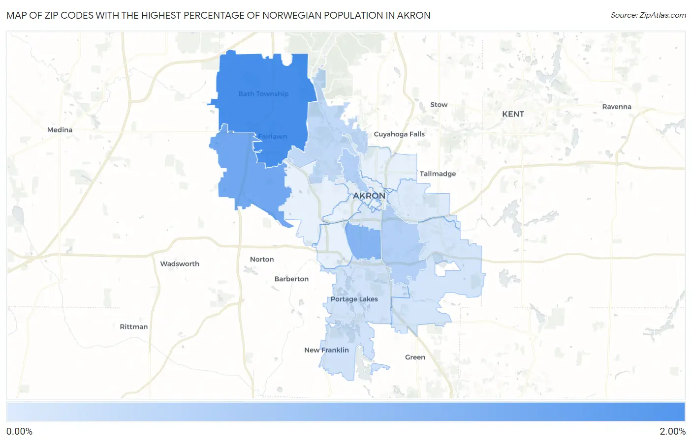 Zip Codes with the Highest Percentage of Norwegian Population in Akron Map