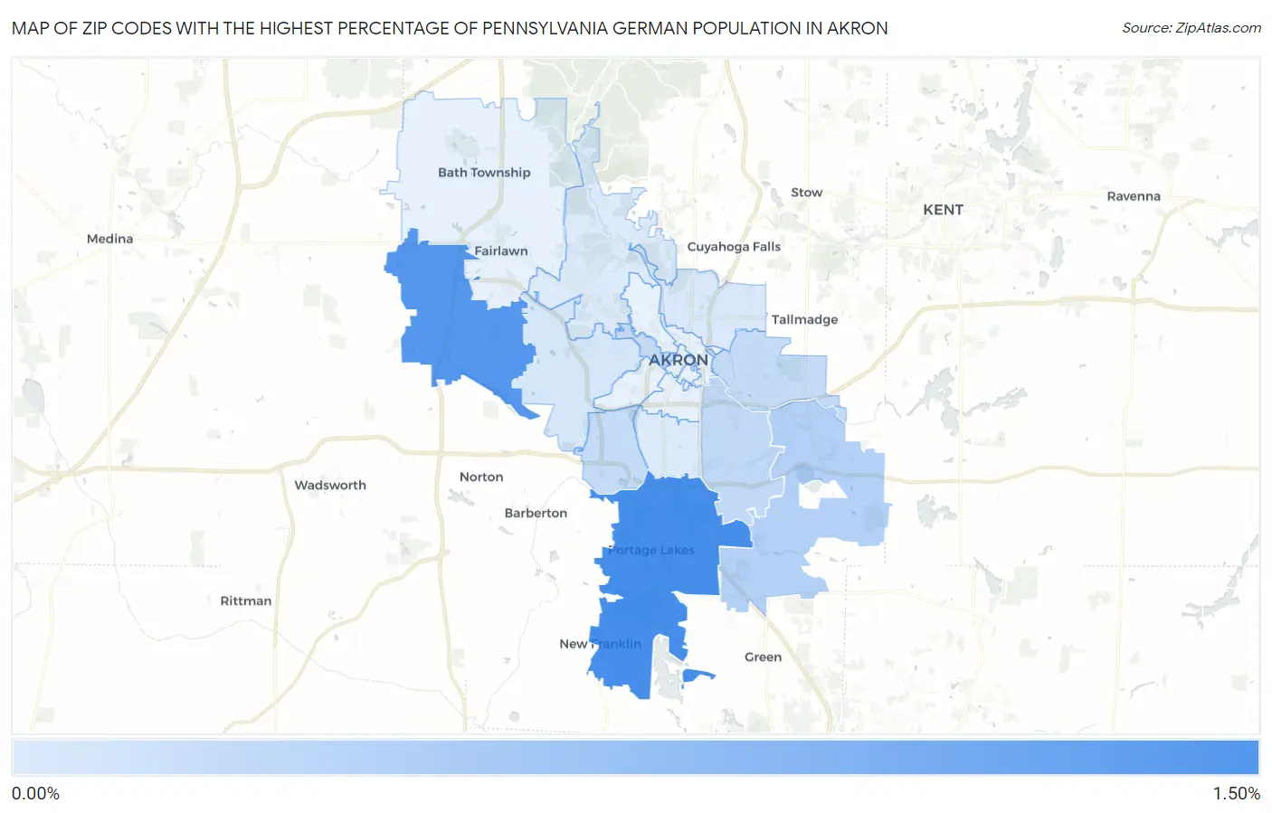 Zip Codes with the Highest Percentage of Pennsylvania German Population in Akron Map
