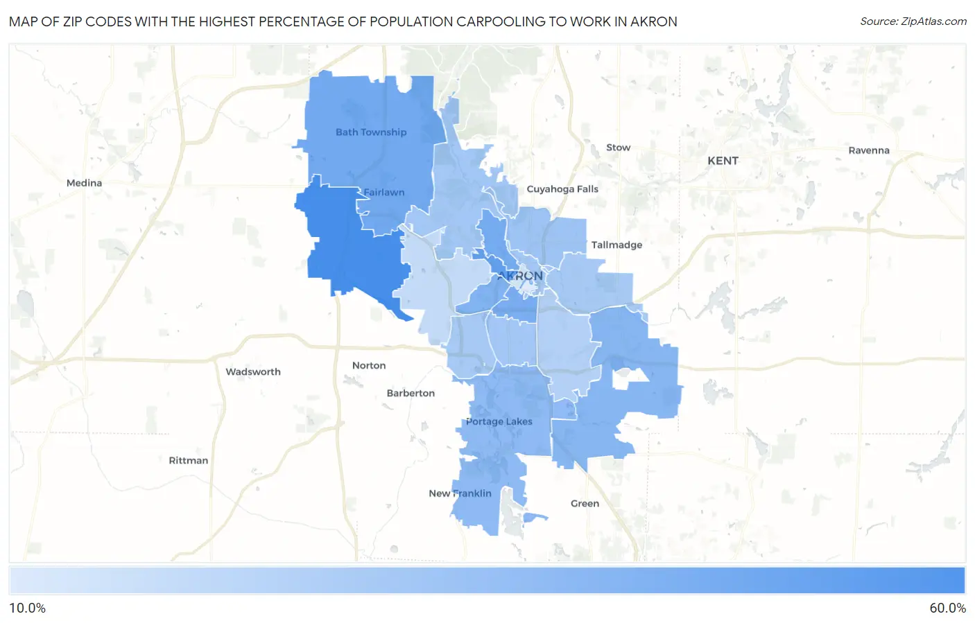 Zip Codes with the Highest Percentage of Population Carpooling to Work in Akron Map