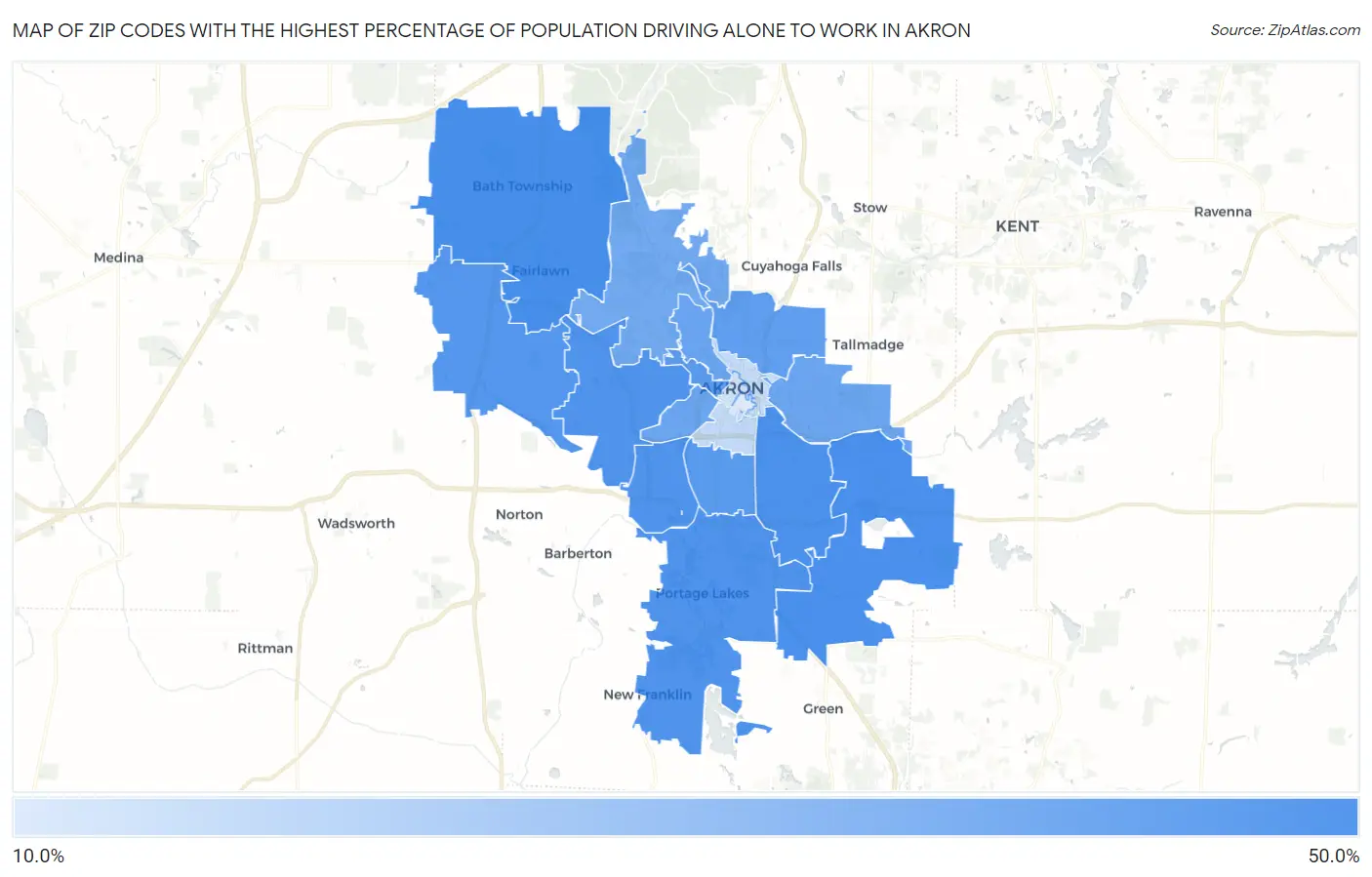 Zip Codes with the Highest Percentage of Population Driving Alone to Work in Akron Map