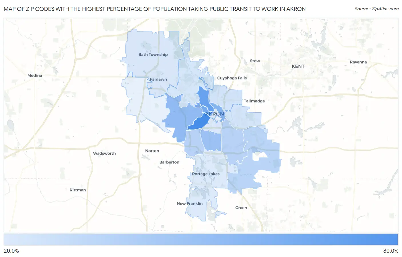 Zip Codes with the Highest Percentage of Population Taking Public Transit to Work in Akron Map
