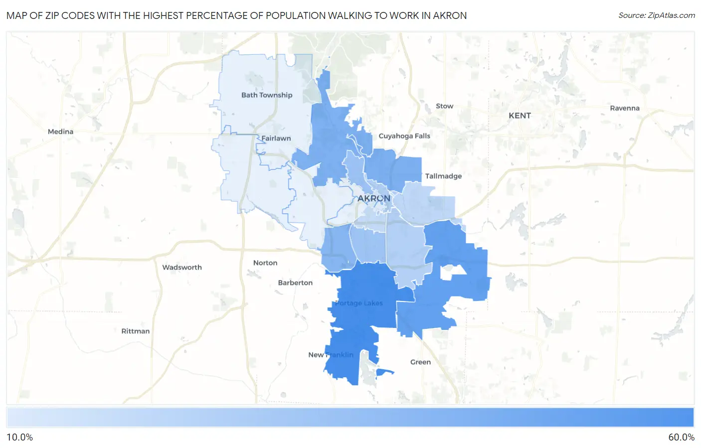 Zip Codes with the Highest Percentage of Population Walking to Work in Akron Map