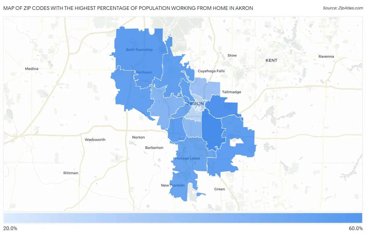 Zip Codes with the Highest Percentage of Population Working from Home in Akron Map