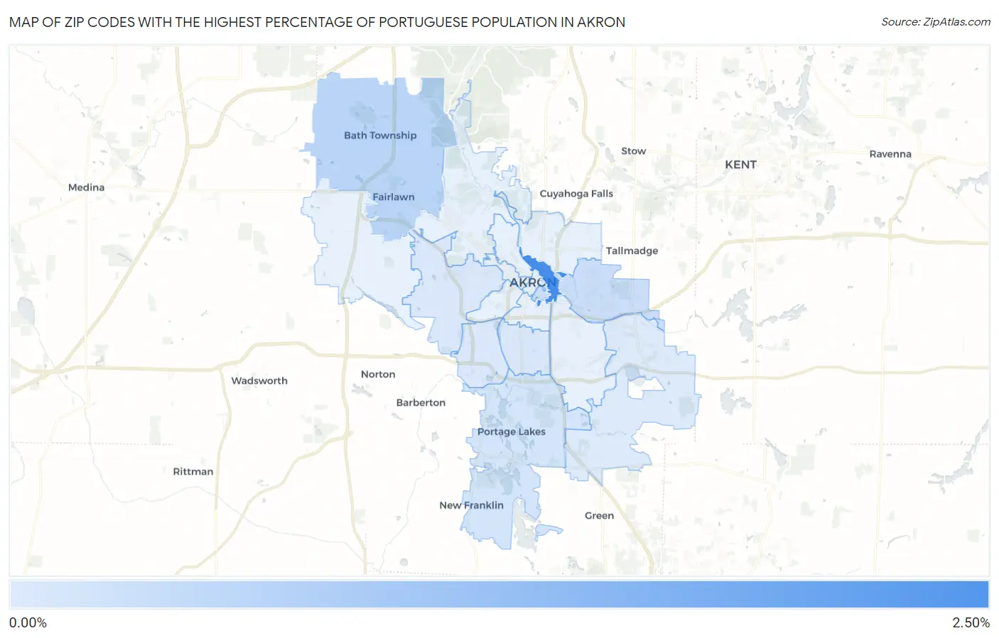 Zip Codes with the Highest Percentage of Portuguese Population in Akron Map