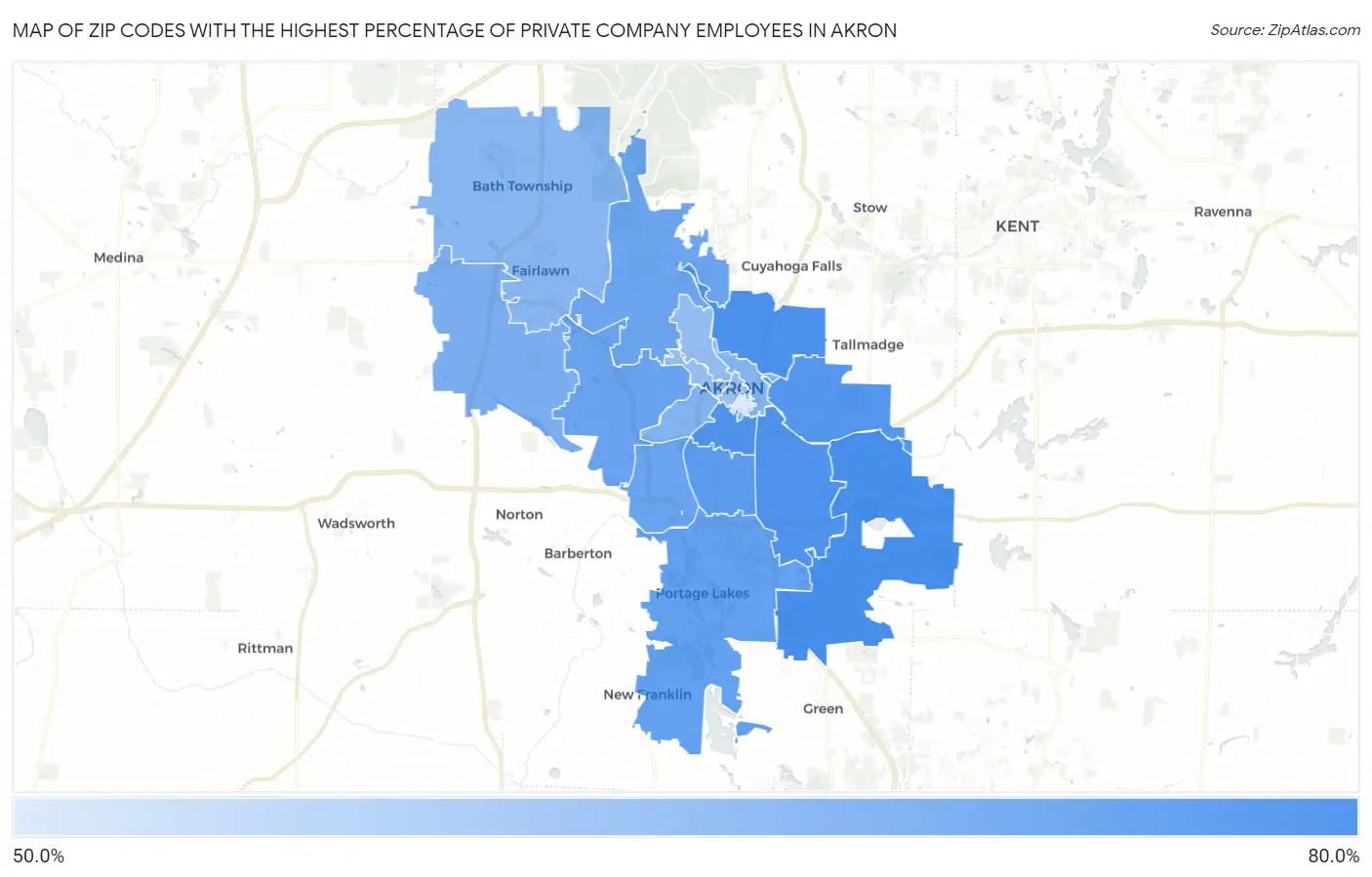 Zip Codes with the Highest Percentage of Private Company Employees in Akron Map