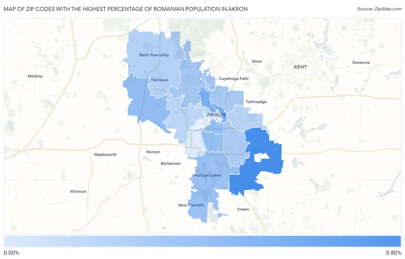 Zip Codes with the Highest Percentage of Romanian Population in Akron Map