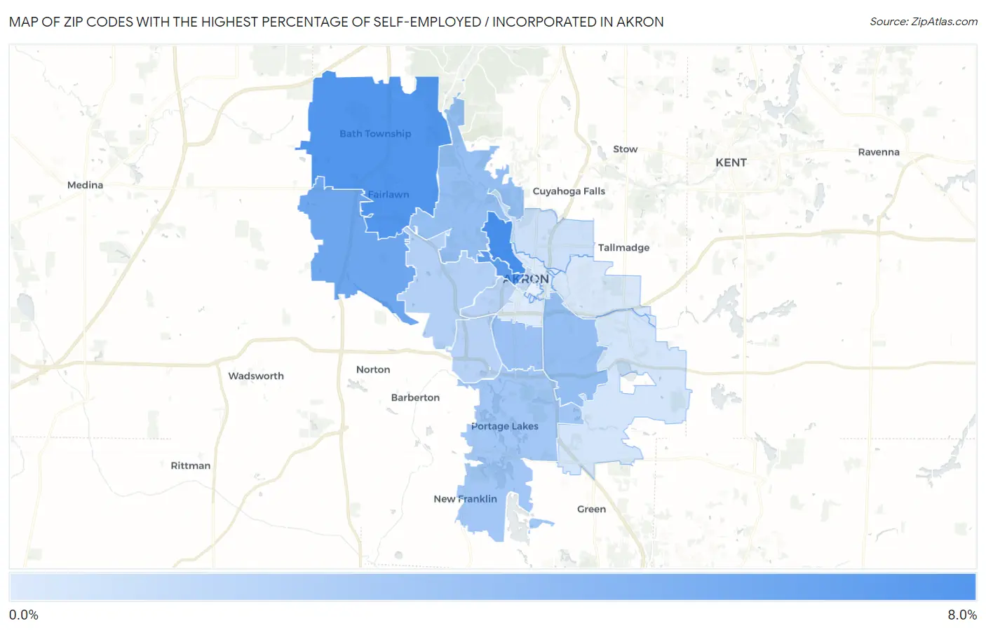 Zip Codes with the Highest Percentage of Self-Employed / Incorporated in Akron Map