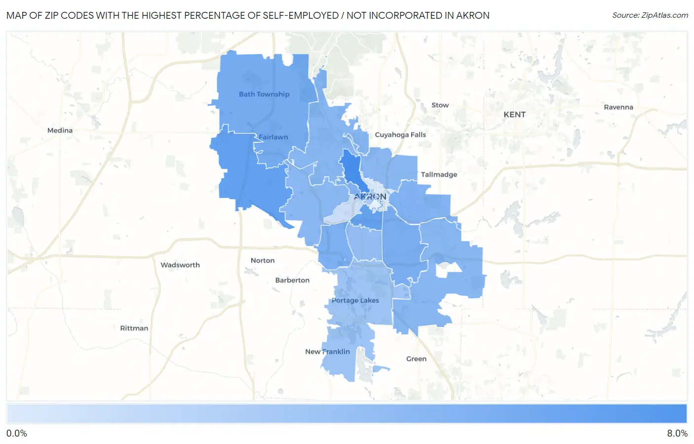 Zip Codes with the Highest Percentage of Self-Employed / Not Incorporated in Akron Map