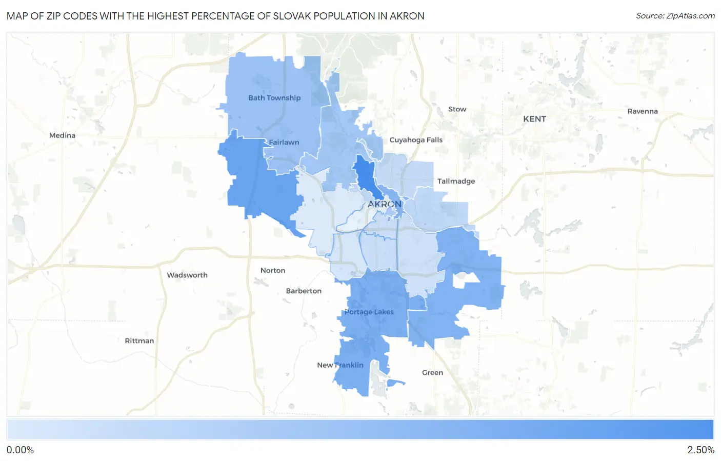 Zip Codes with the Highest Percentage of Slovak Population in Akron Map