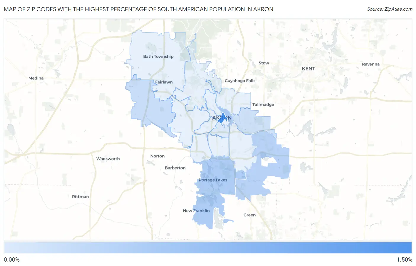 Zip Codes with the Highest Percentage of South American Population in Akron Map