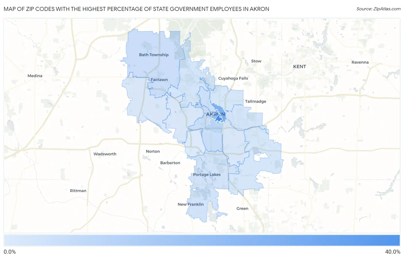 Zip Codes with the Highest Percentage of State Government Employees in Akron Map
