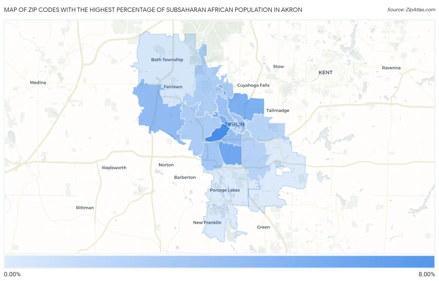 Zip Codes with the Highest Percentage of Subsaharan African Population in Akron Map