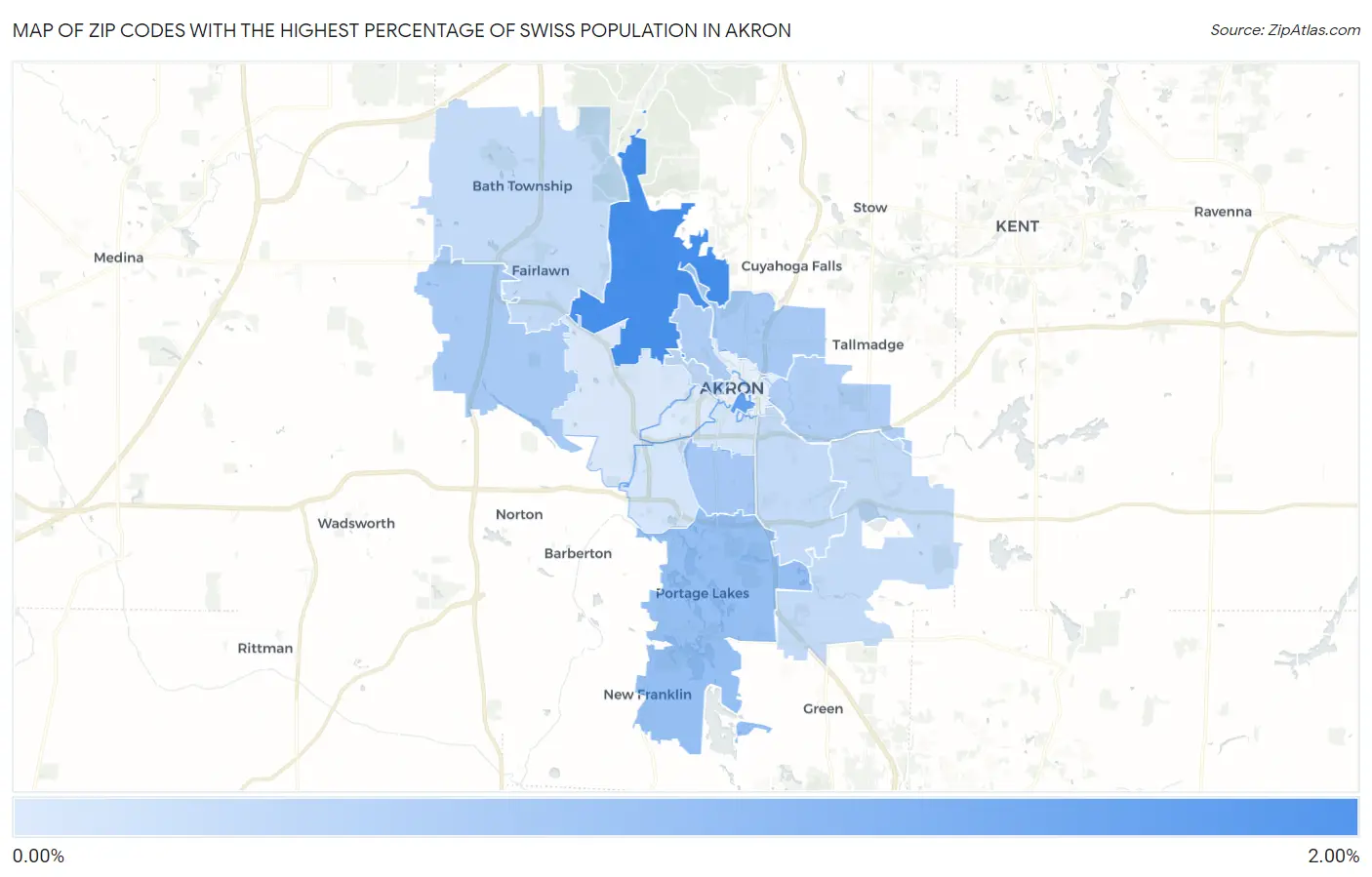 Zip Codes with the Highest Percentage of Swiss Population in Akron Map