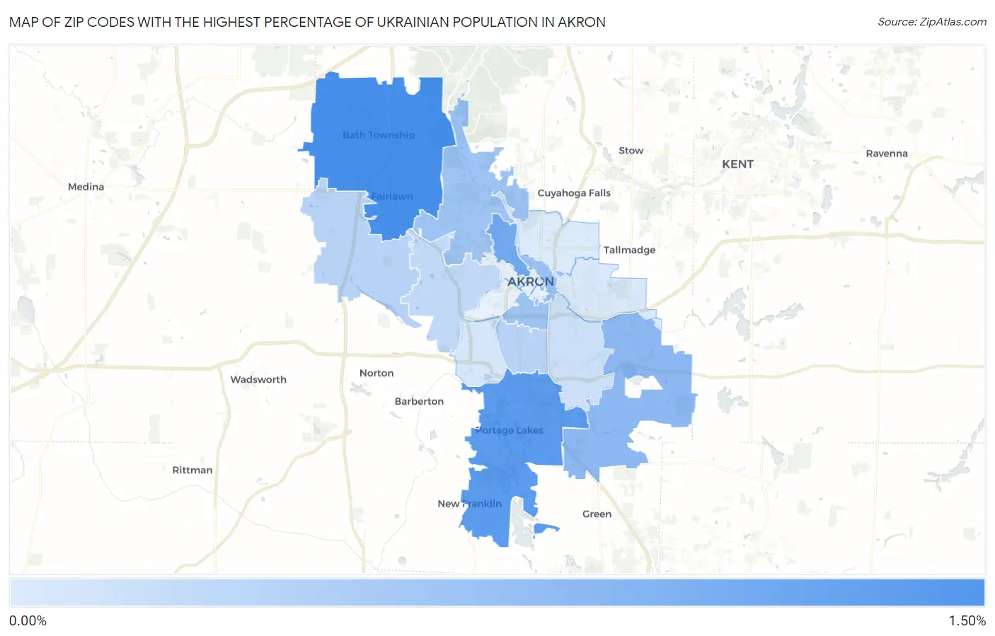 Zip Codes with the Highest Percentage of Ukrainian Population in Akron Map