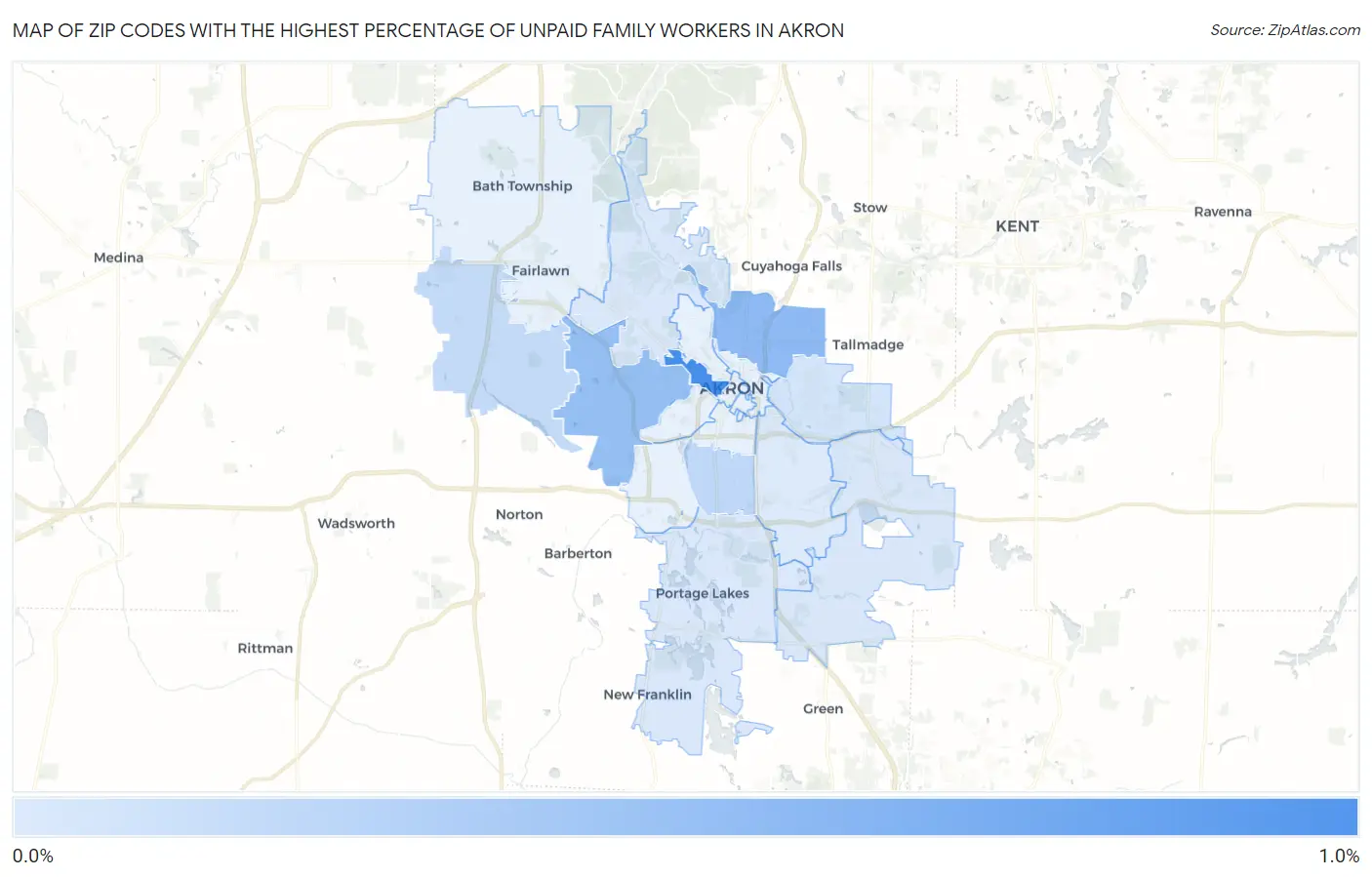 Zip Codes with the Highest Percentage of Unpaid Family Workers in Akron Map