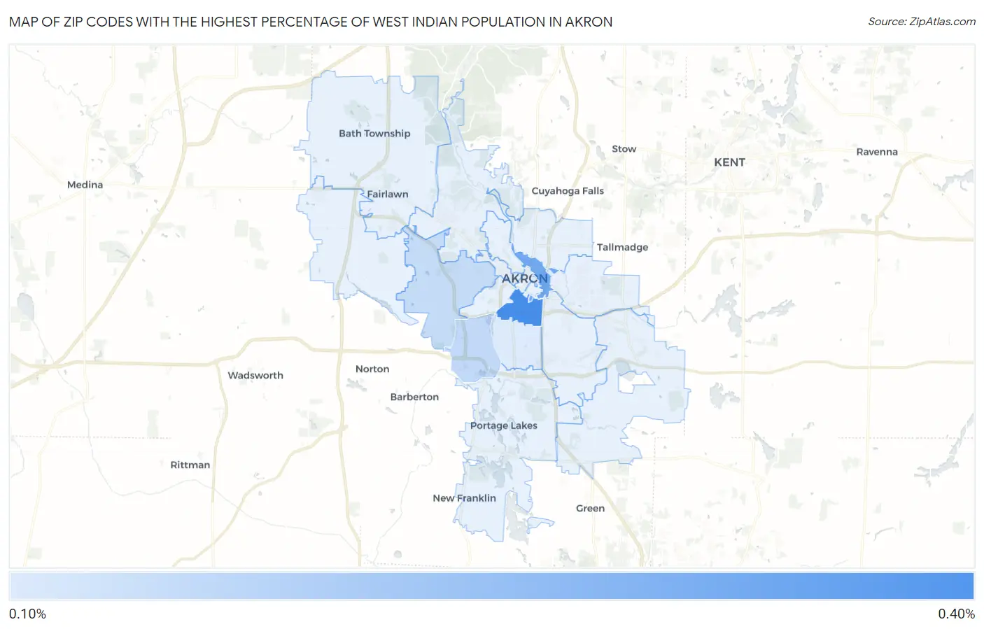 Zip Codes with the Highest Percentage of West Indian Population in Akron Map