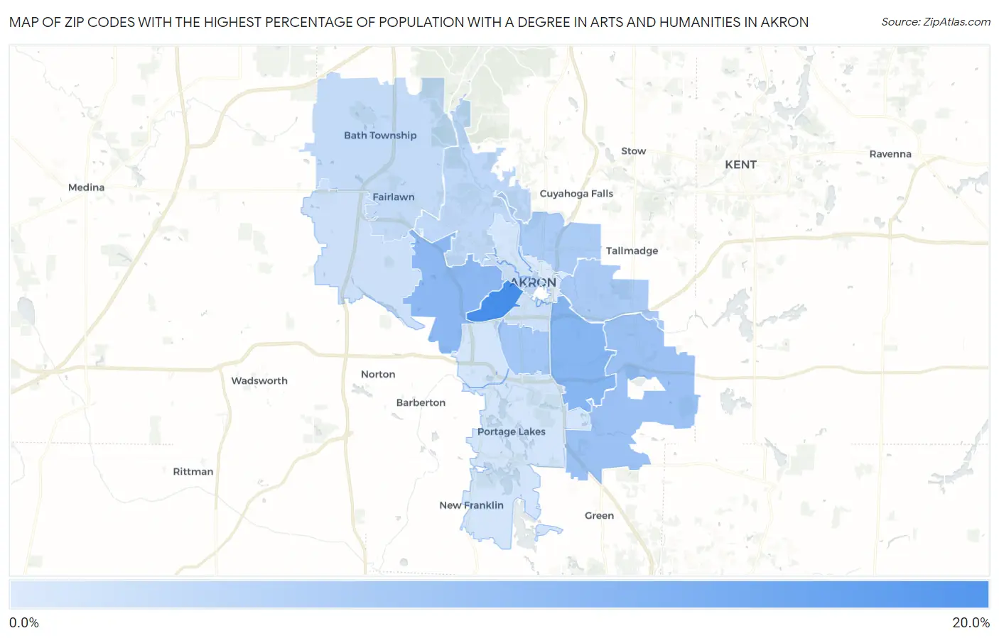 Zip Codes with the Highest Percentage of Population with a Degree in Arts and Humanities in Akron Map