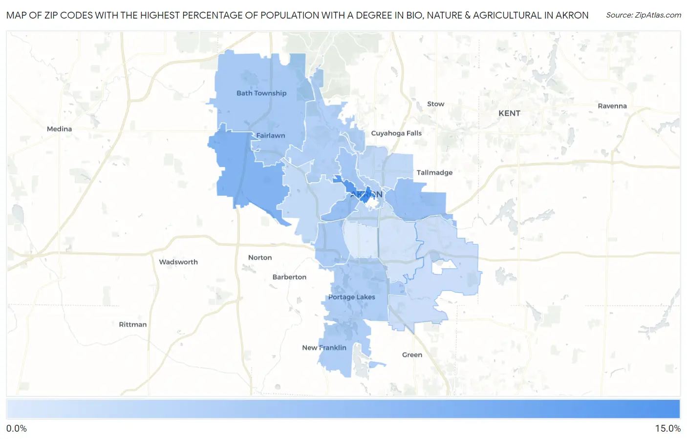 Zip Codes with the Highest Percentage of Population with a Degree in Bio, Nature & Agricultural in Akron Map