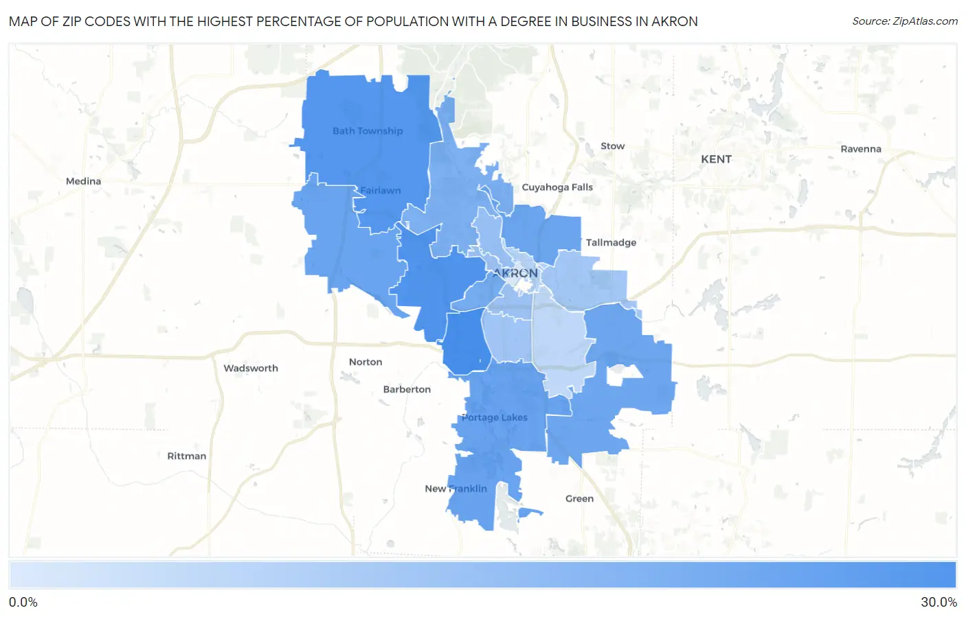Zip Codes with the Highest Percentage of Population with a Degree in Business in Akron Map
