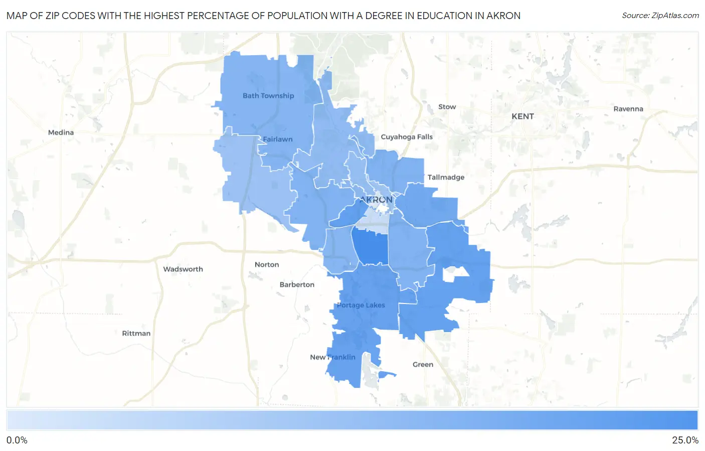 Zip Codes with the Highest Percentage of Population with a Degree in Education in Akron Map