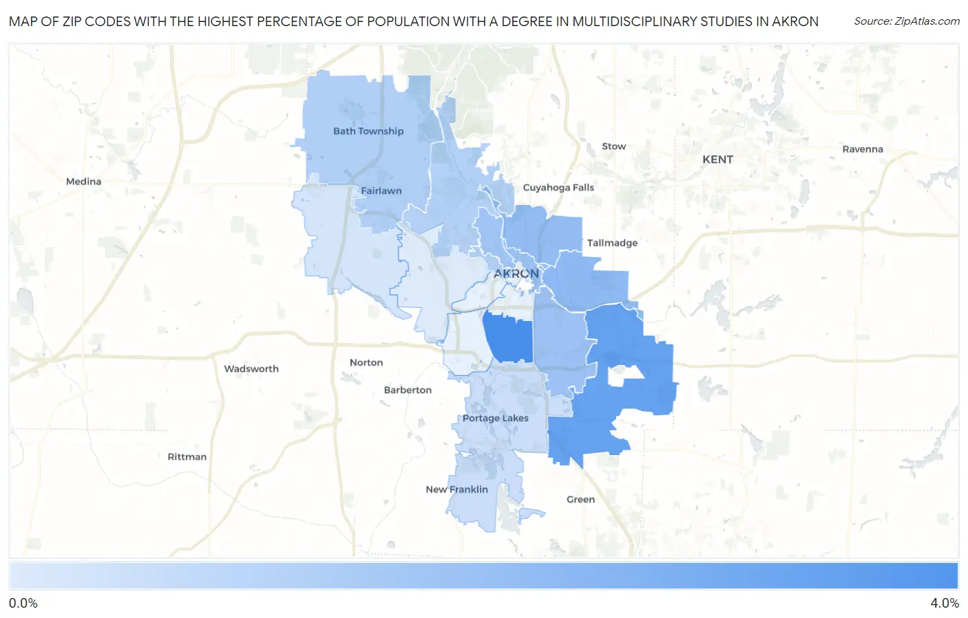 Zip Codes with the Highest Percentage of Population with a Degree in Multidisciplinary Studies in Akron Map