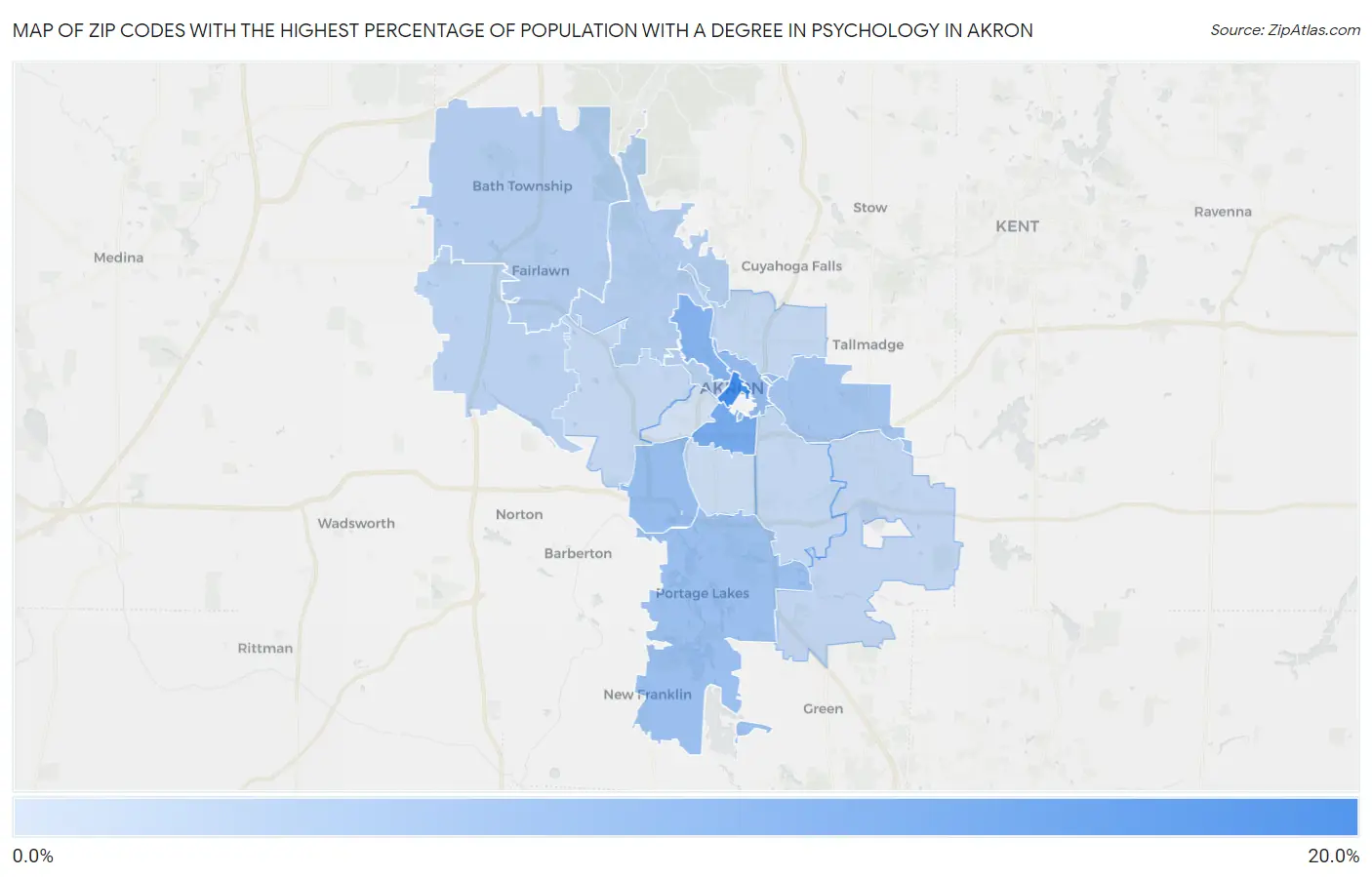 Zip Codes with the Highest Percentage of Population with a Degree in Psychology in Akron Map