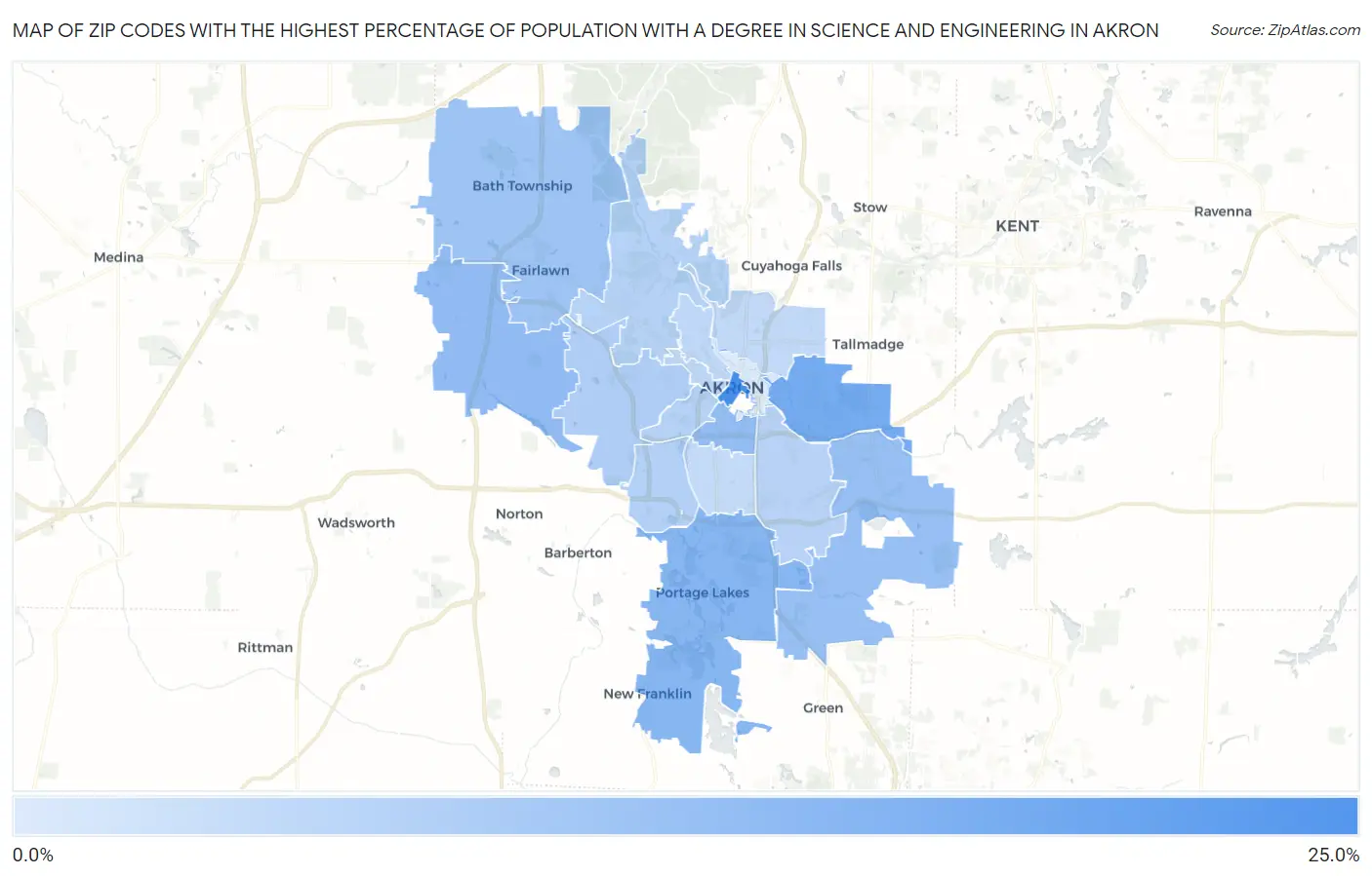 Zip Codes with the Highest Percentage of Population with a Degree in Science and Engineering in Akron Map
