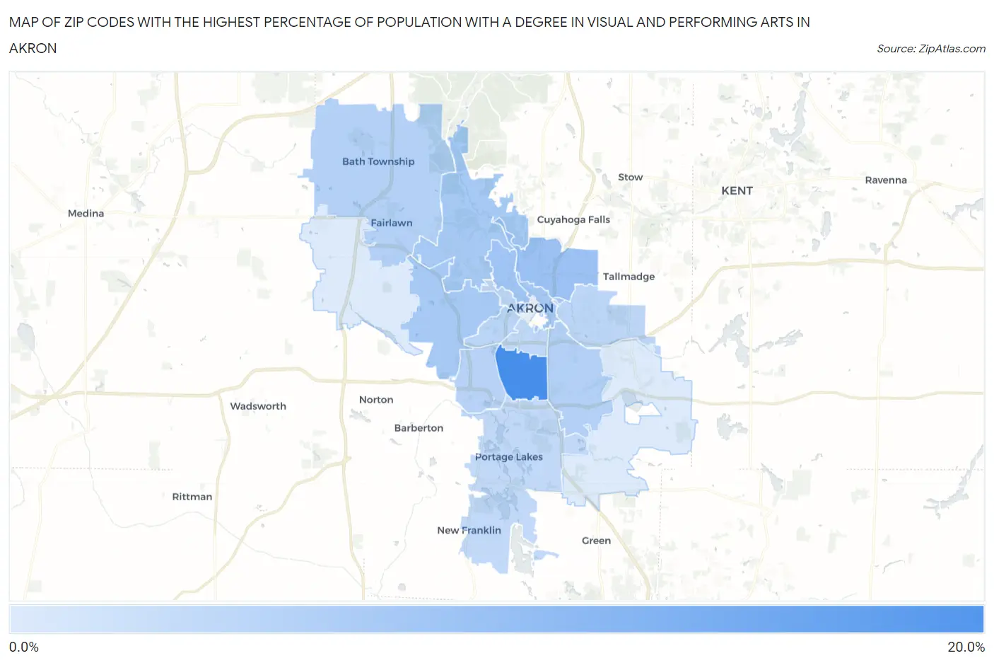 Zip Codes with the Highest Percentage of Population with a Degree in Visual and Performing Arts in Akron Map
