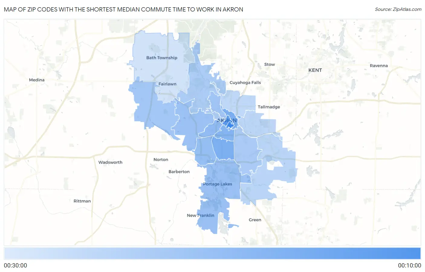 Zip Codes with the Shortest Median Commute Time to Work in Akron Map
