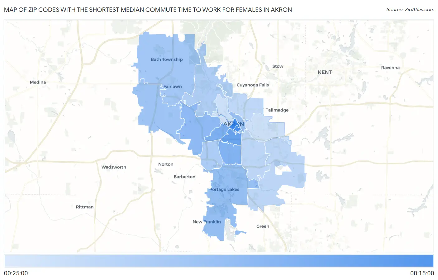 Zip Codes with the Shortest Median Commute Time to Work for Females in Akron Map