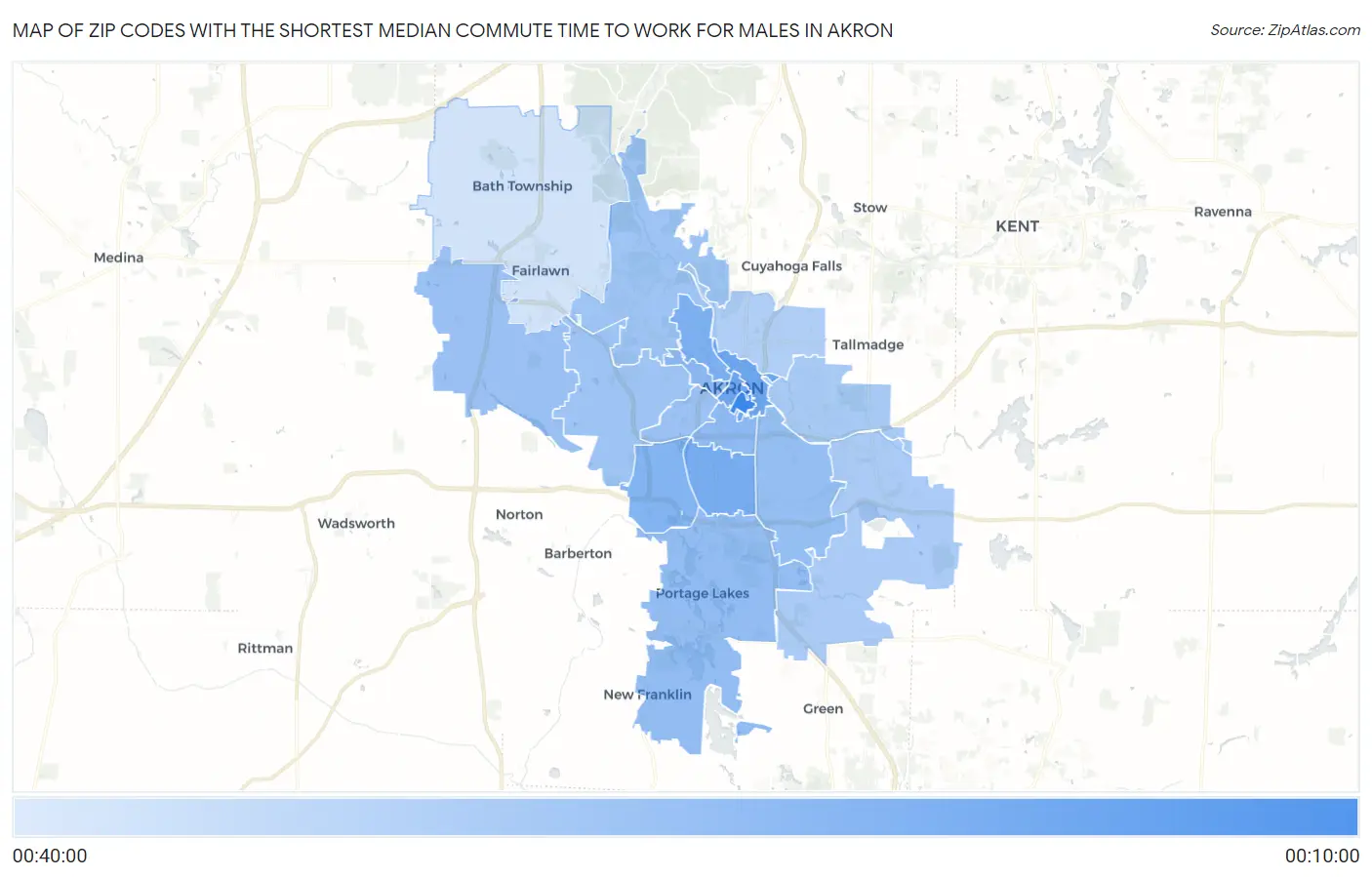 Zip Codes with the Shortest Median Commute Time to Work for Males in Akron Map