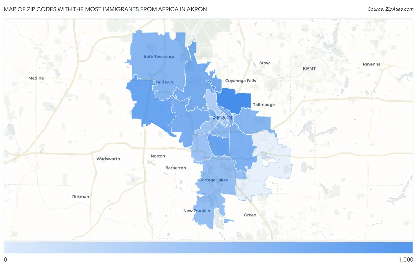 Zip Codes with the Most Immigrants from Africa in Akron Map