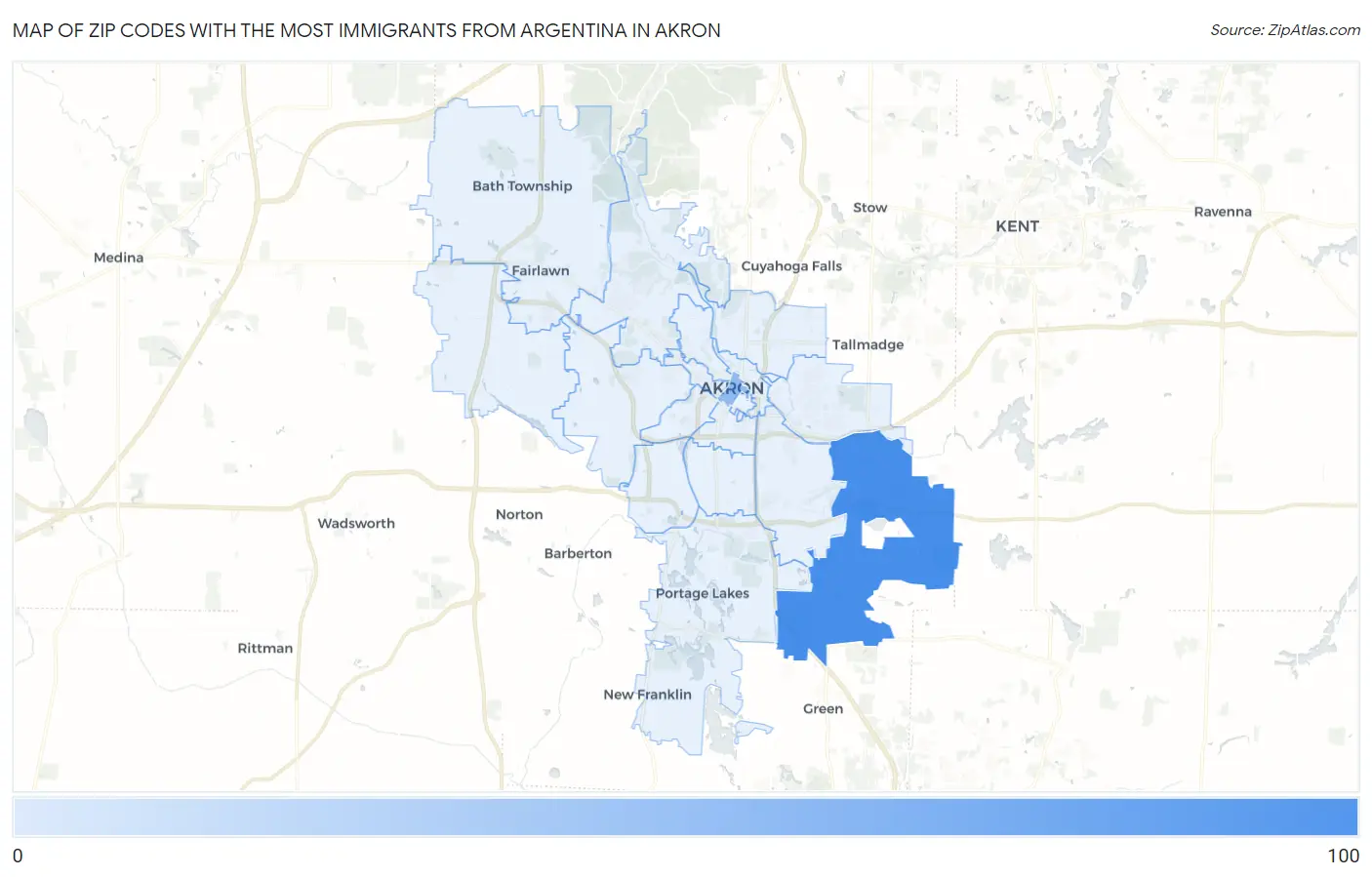 Zip Codes with the Most Immigrants from Argentina in Akron Map