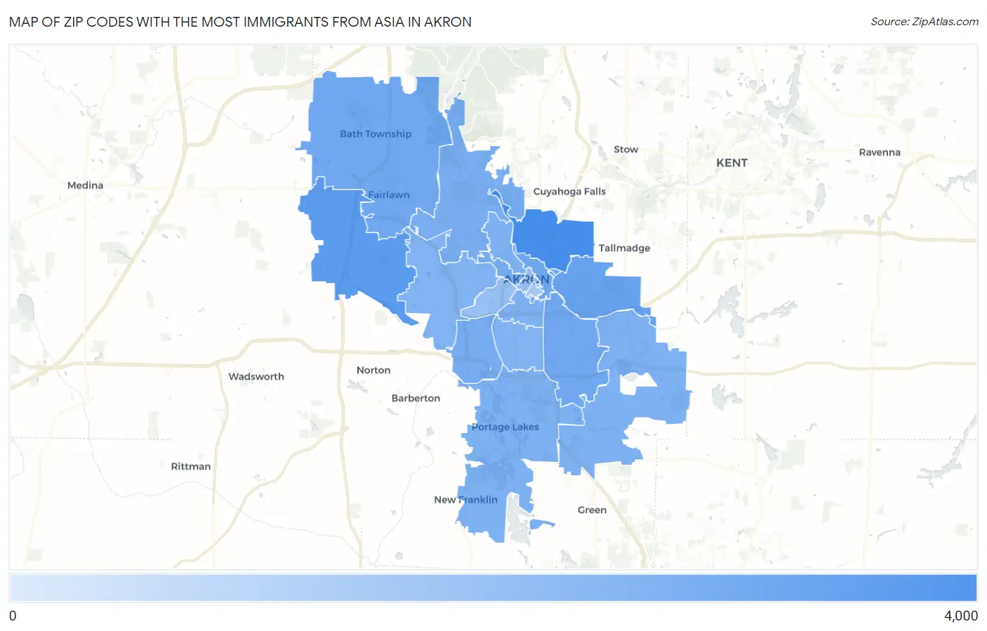 Zip Codes with the Most Immigrants from Asia in Akron Map