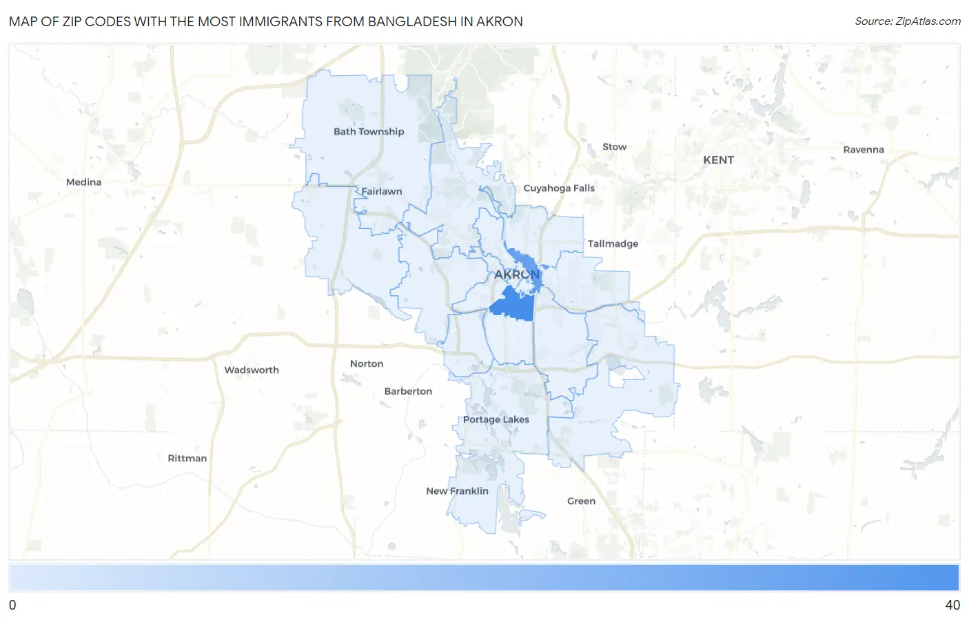 Zip Codes with the Most Immigrants from Bangladesh in Akron Map