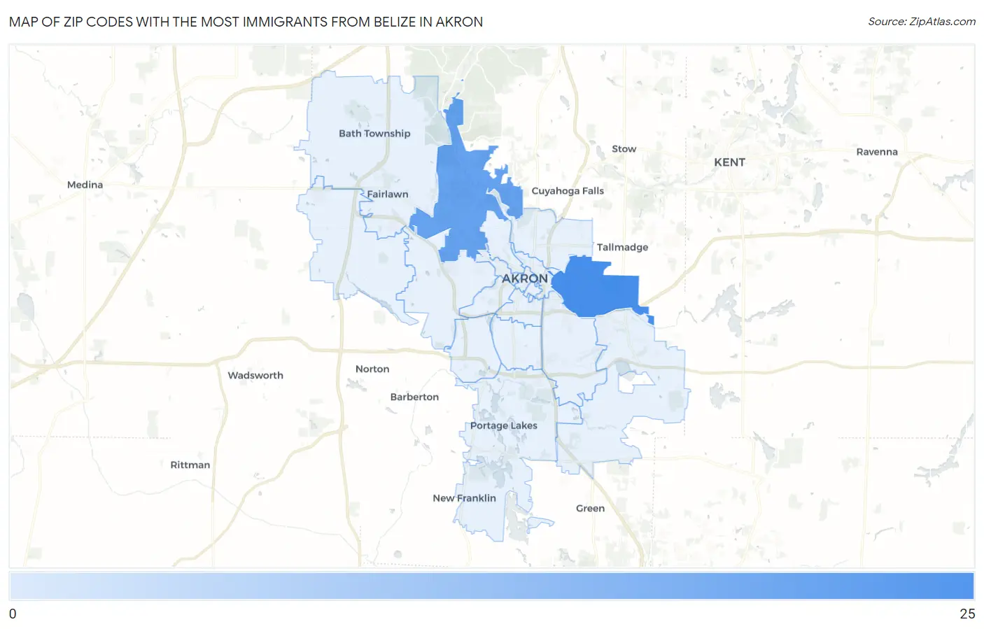 Zip Codes with the Most Immigrants from Belize in Akron Map