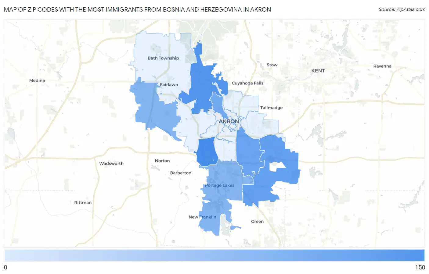 Zip Codes with the Most Immigrants from Bosnia and Herzegovina in Akron Map
