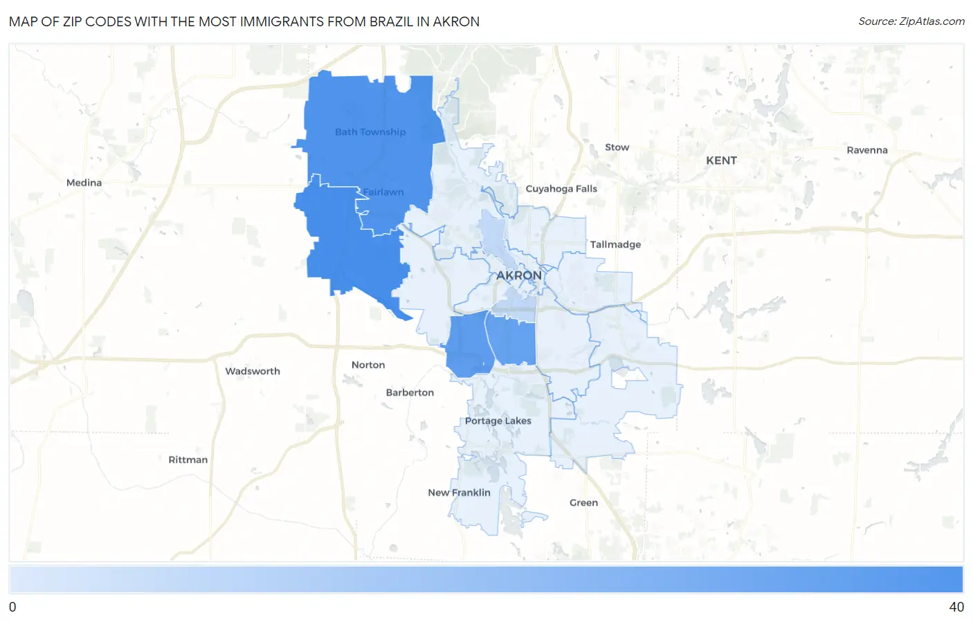 Zip Codes with the Most Immigrants from Brazil in Akron Map
