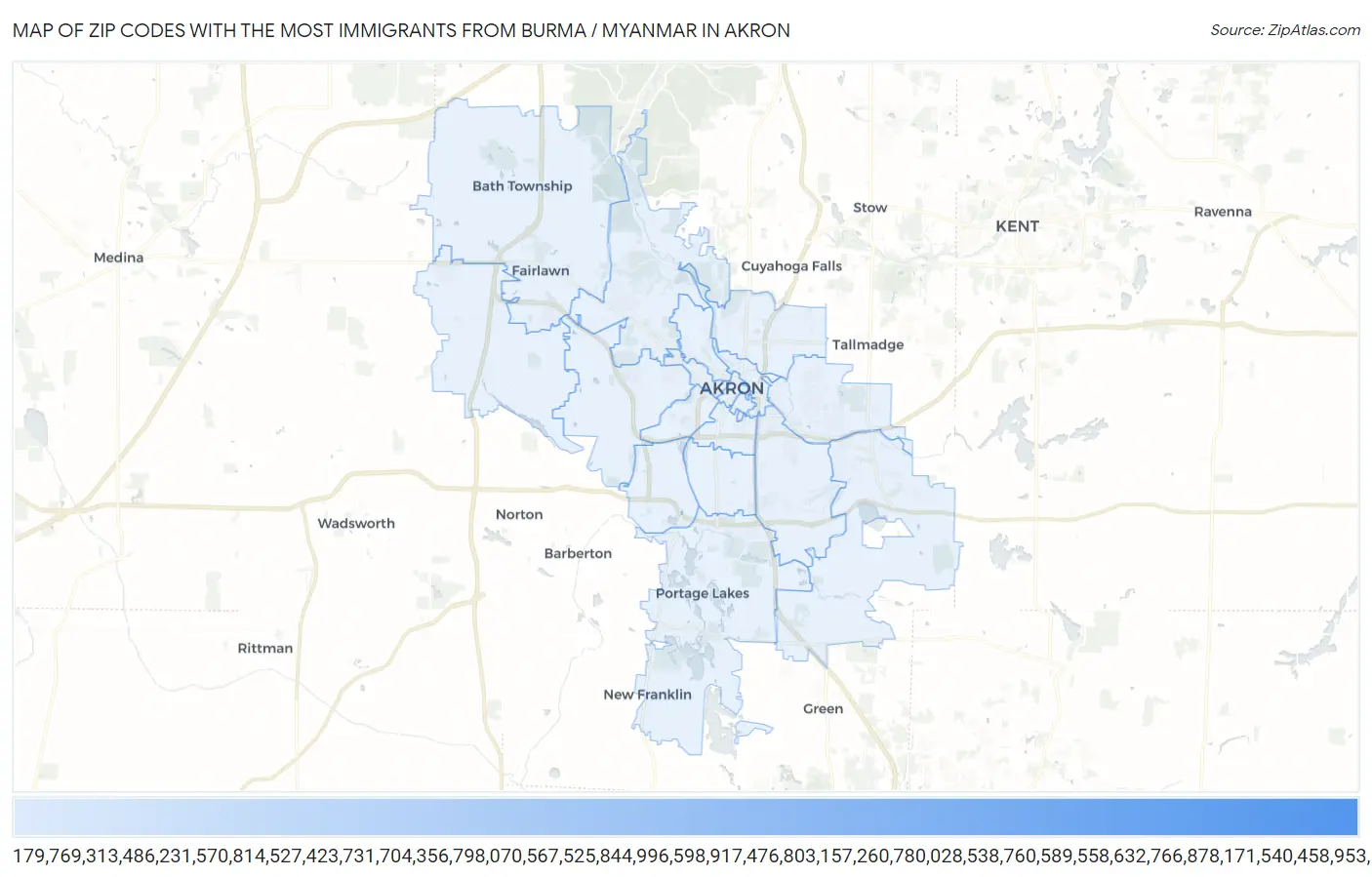 Zip Codes with the Most Immigrants from Burma / Myanmar in Akron Map